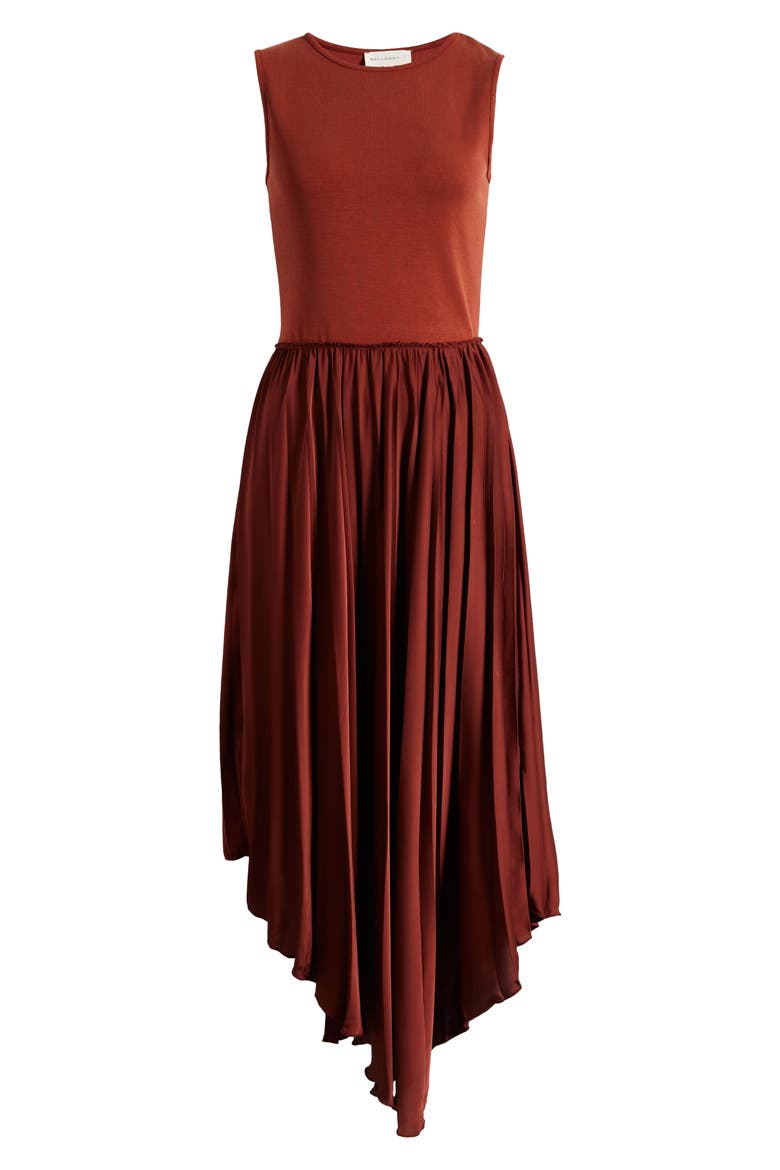 Mixed Media Sleeveless Asymmetric Dress, Alternate, color, RUST