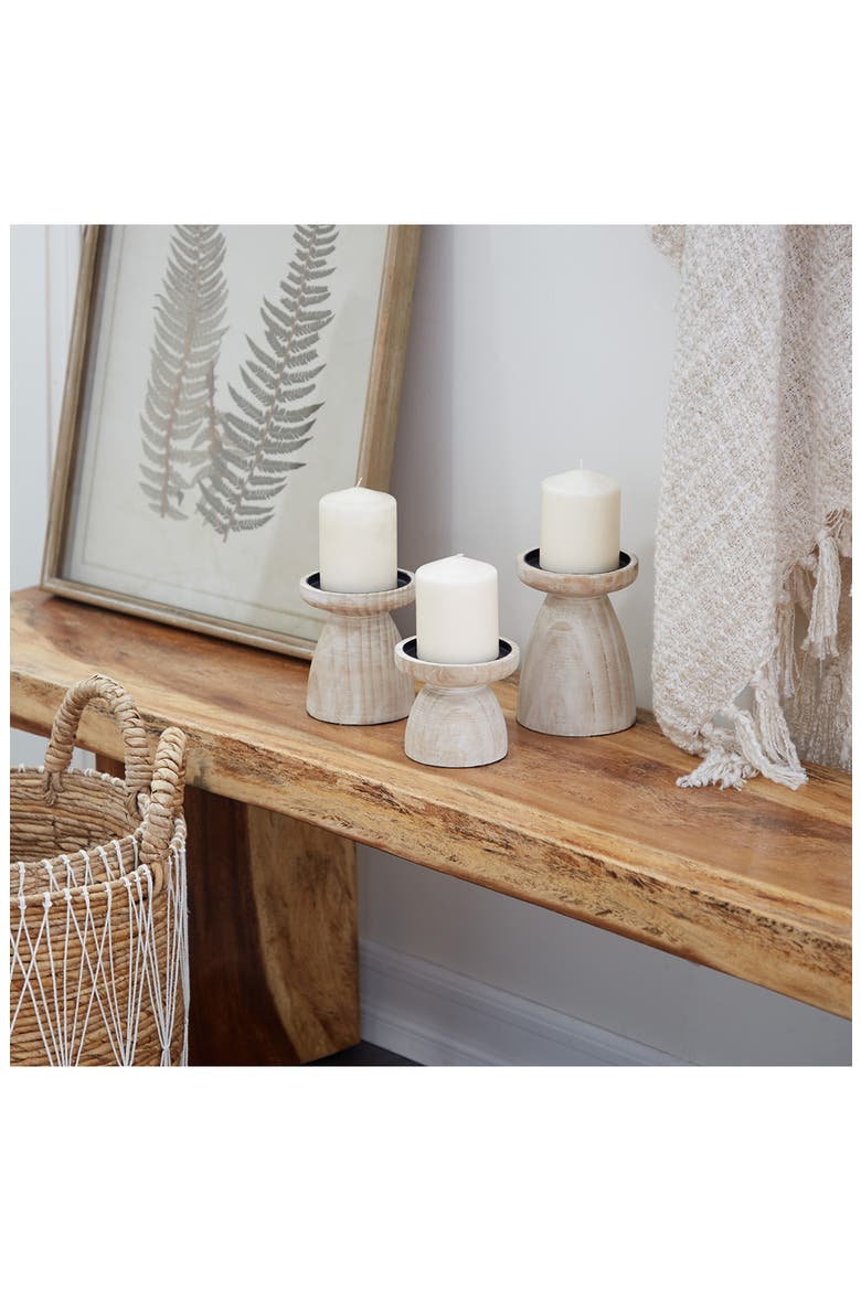 Brown Wood Pillar Candle Holder with Whitewash Finish - Set of 3, Alternate, color, BROWN