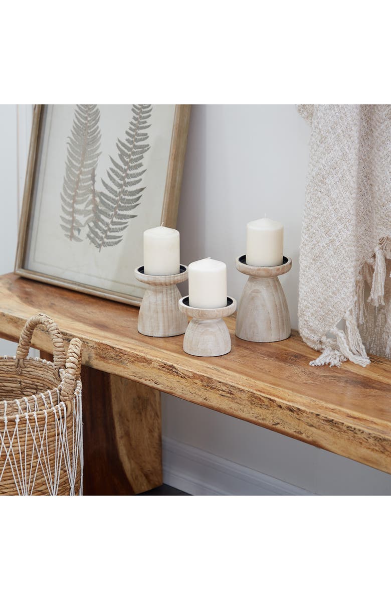 GINGER BIRCH STUDIO Brown Wood Pillar Candle Holder with Whitewash Finish - Set of 3, Alternate, color,