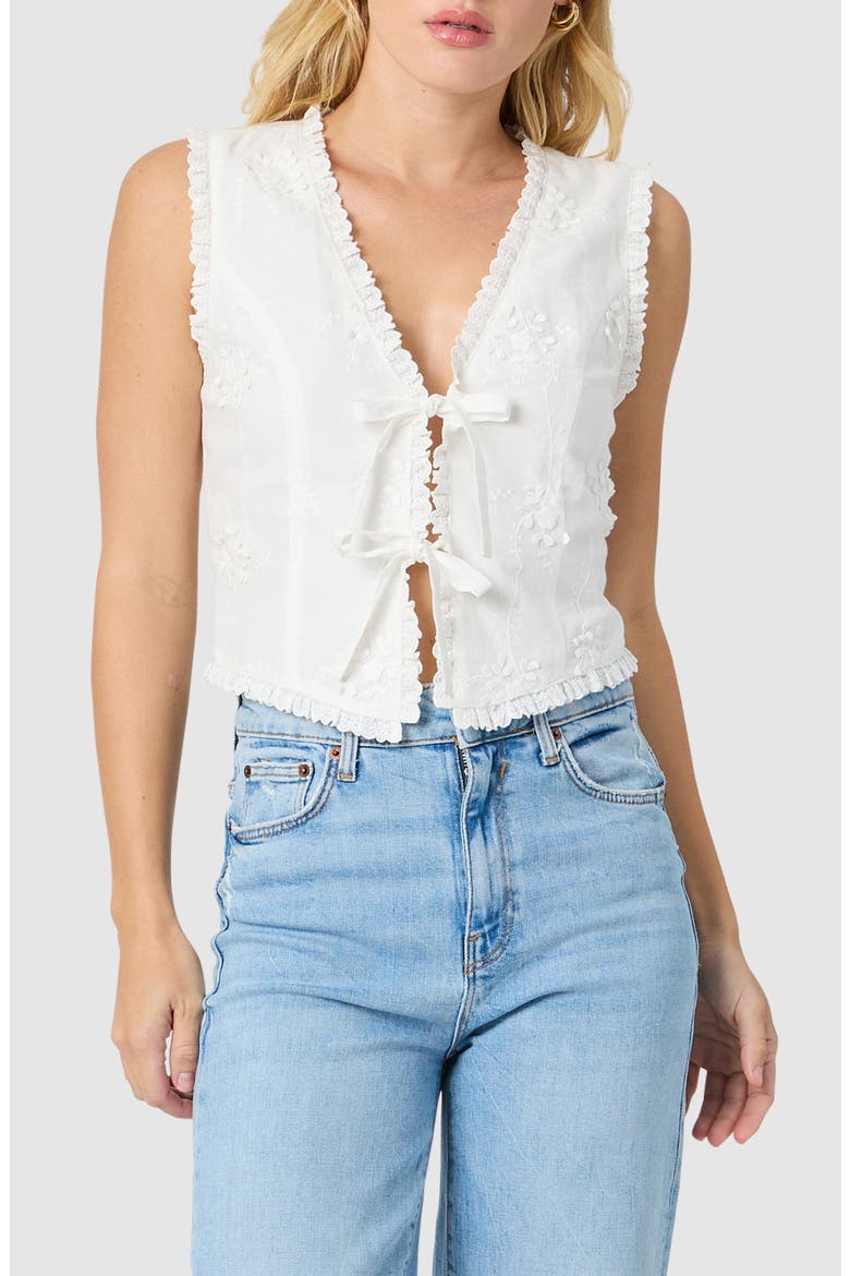 Ruffle Embroidered Tie Front Cotton Tank, Main, color, WHITE