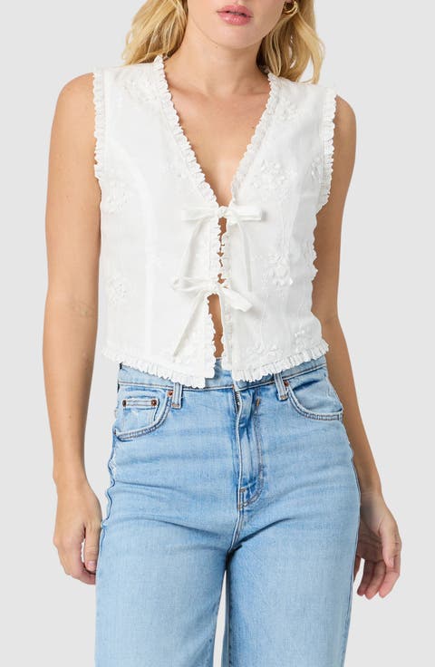 Ruffle Embroidered Tie Front Cotton Tank