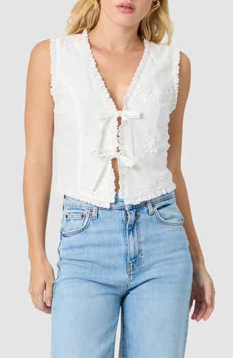 All in Favor Ruffle Embroidered Tie Front Cotton Tank