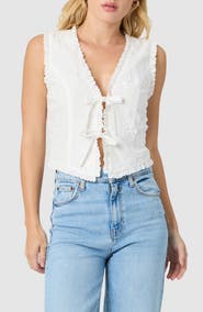 All in Favor Ruffle Embroidered Tie Front Cotton Tank