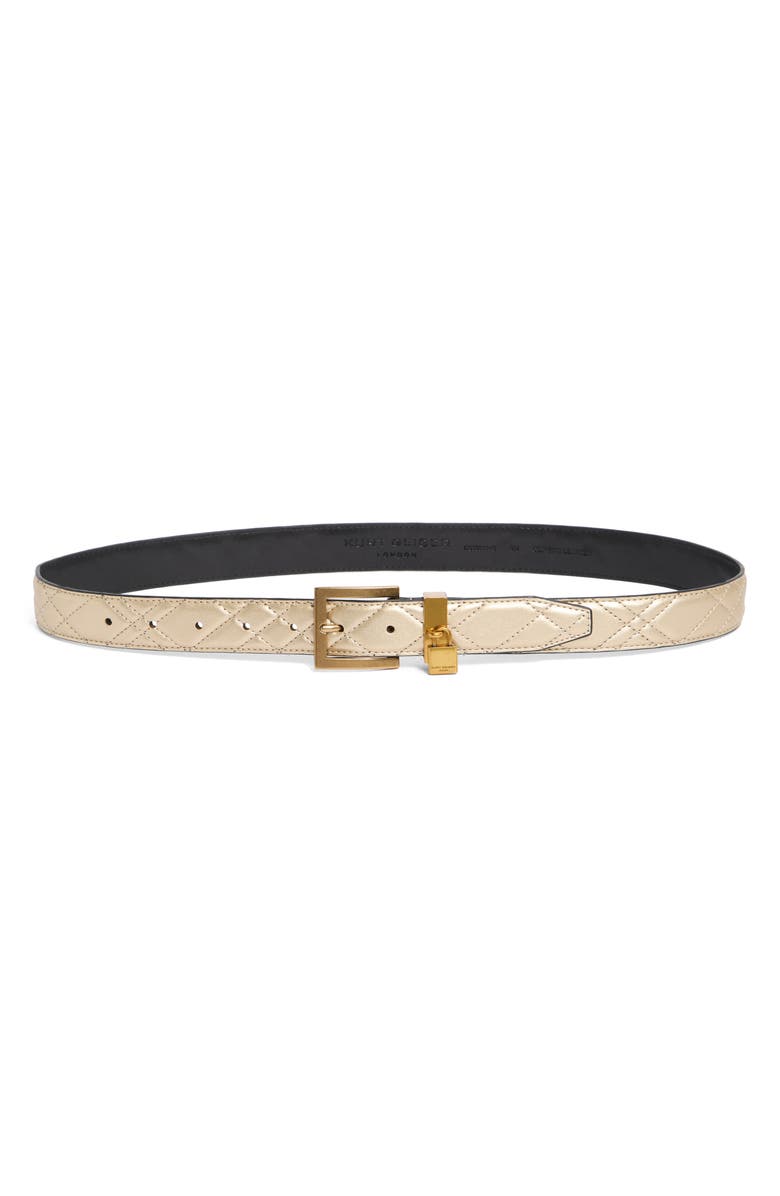 Kurt Geiger London 30mm Metallic Quilted Leather Belt, Main, color, Pale Gold Antique Brass