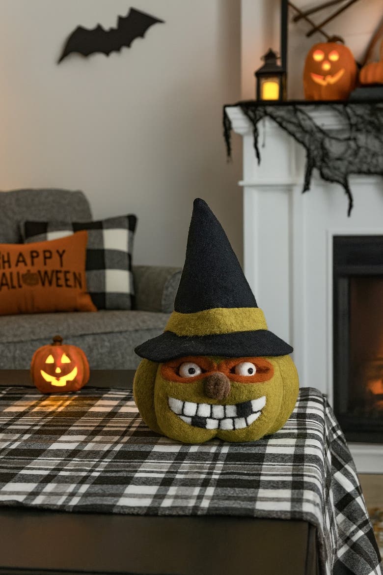 Wooly Ugly Face Jack O' Lantern Pumpkin Halloween Figurine 7" x 10", Alternate, color, Green