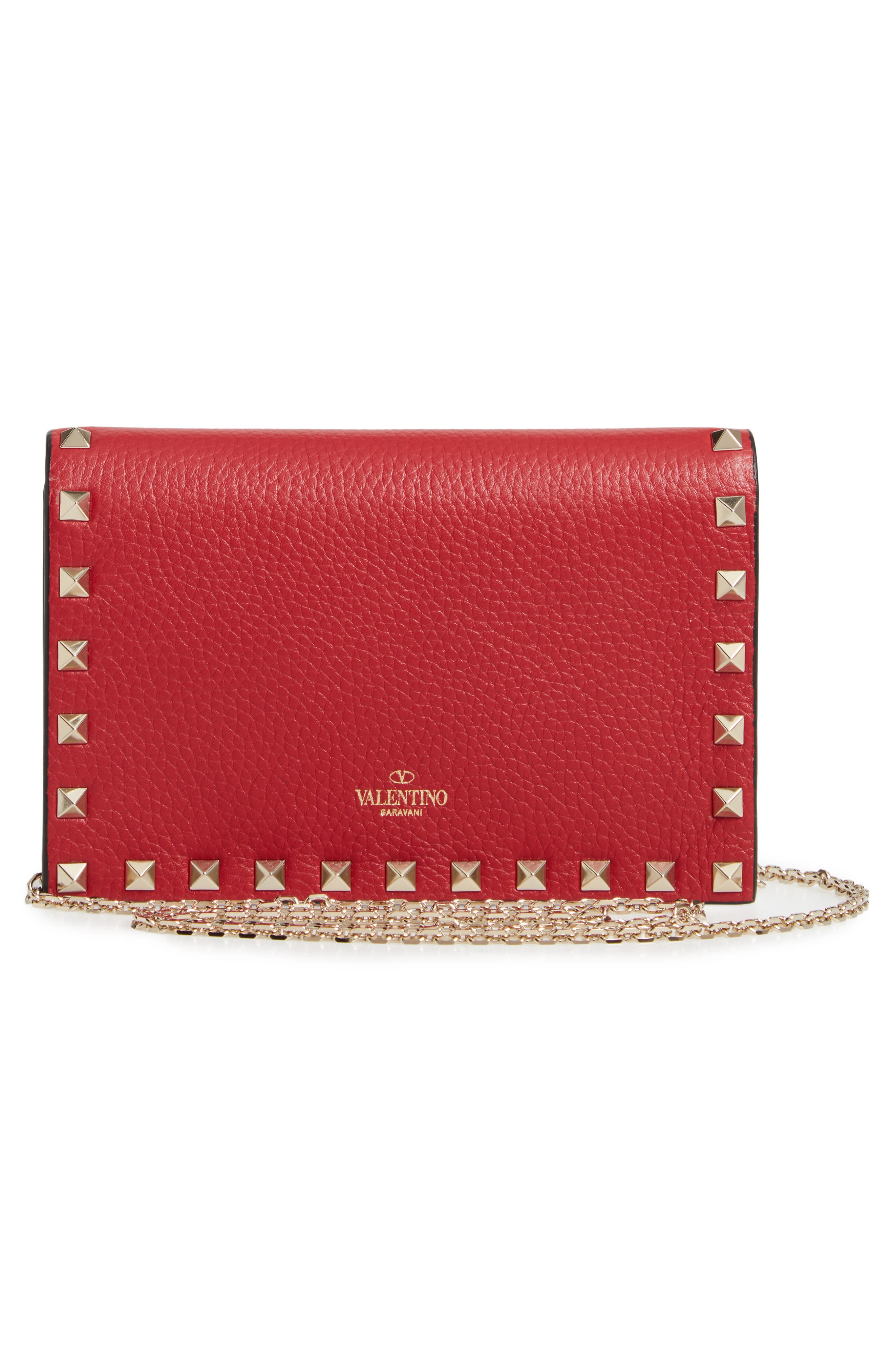 Rockstud Calfskin Leather Envelope Pouch, Alternate, color, ROSSO V