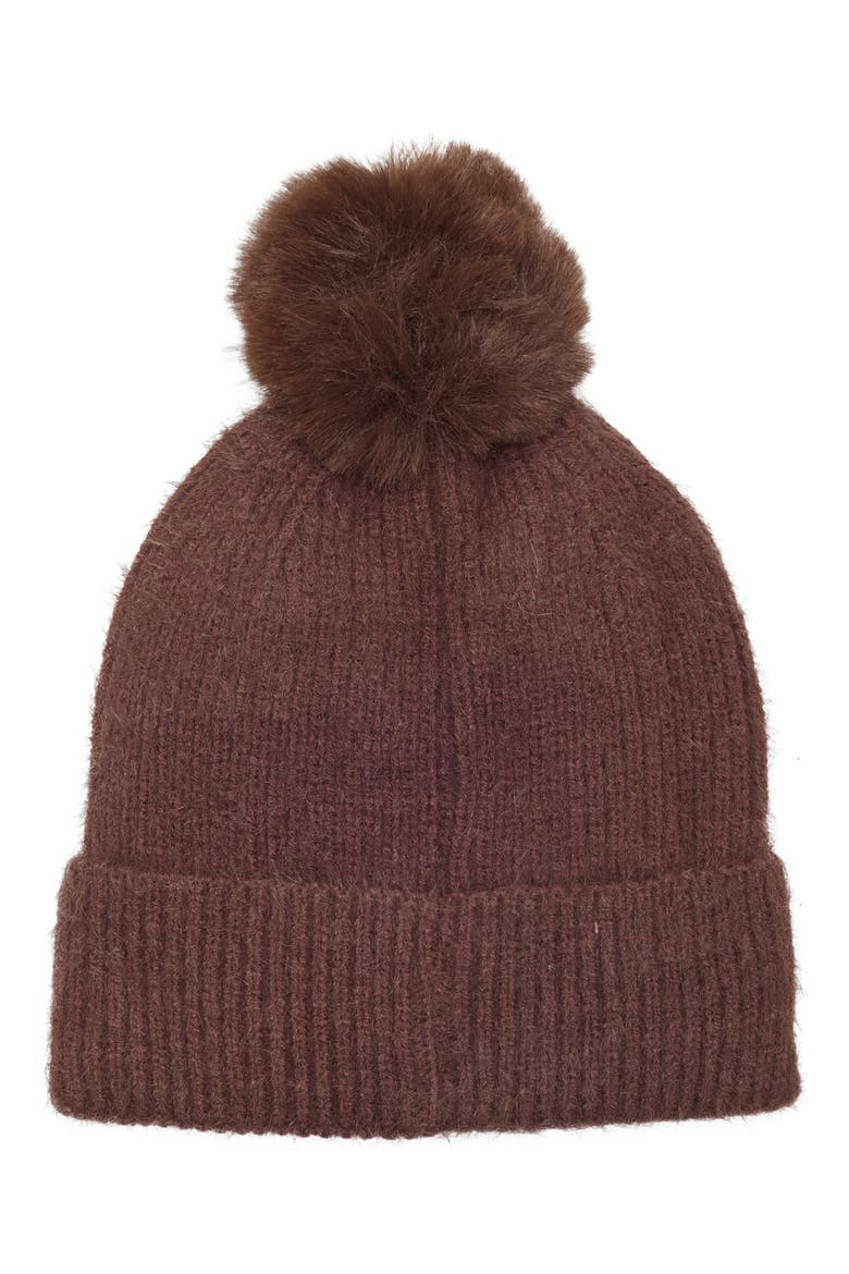 Side Embellished Beanie with Faux Fur Pom, Alternate, color, BROWN