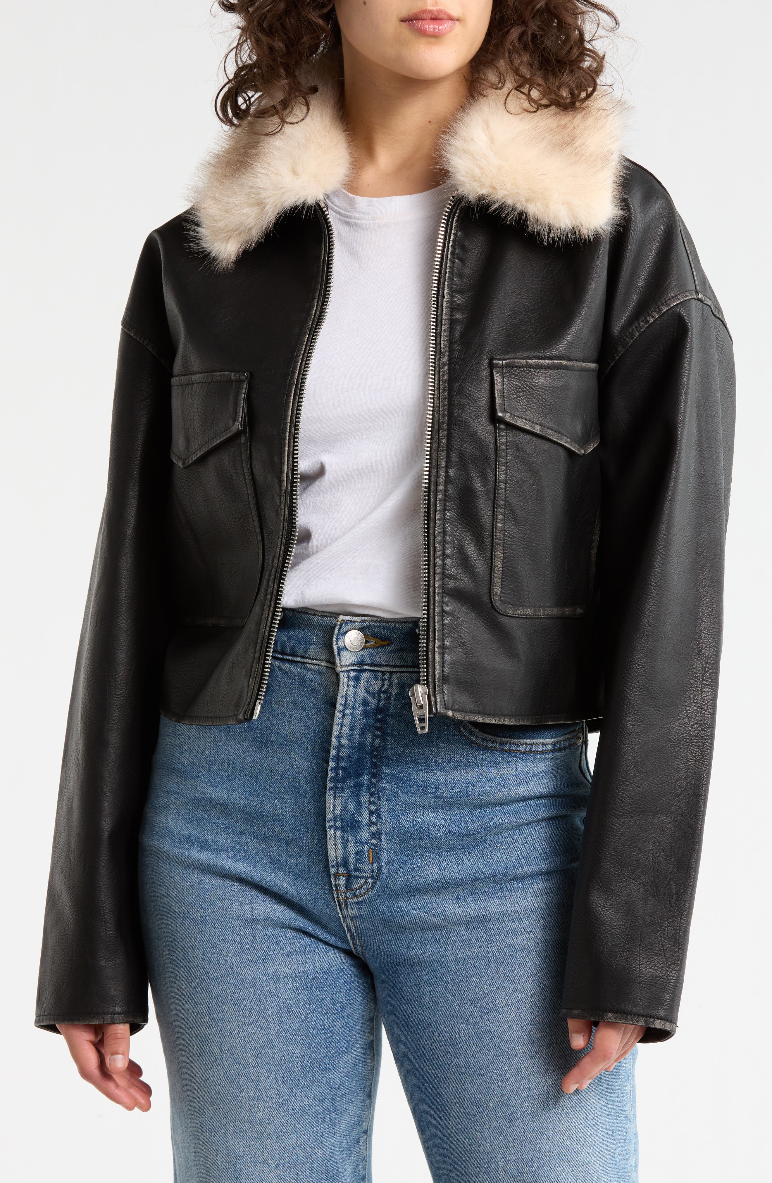 BLANKNYC Faux Leather Jacket with Removable Faux Fur Collar