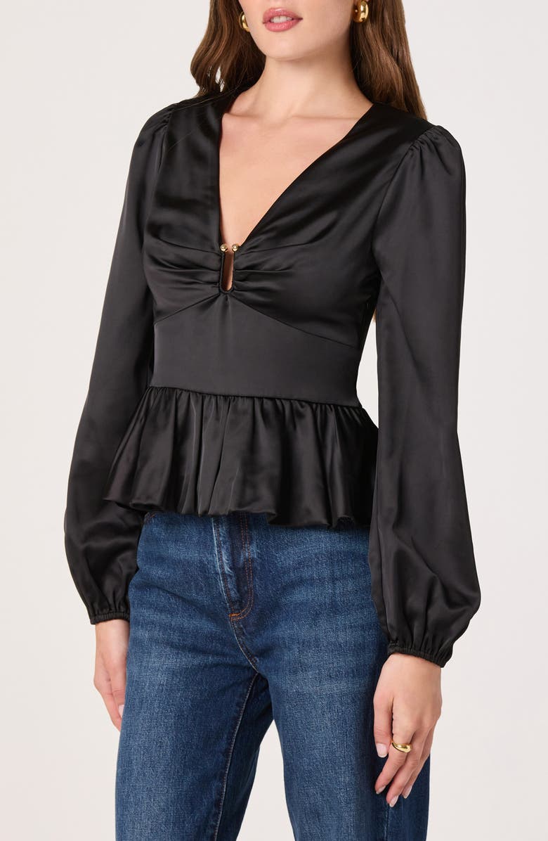 ASTR the Label Satin Peplum Shirt, Alternate, color, Black