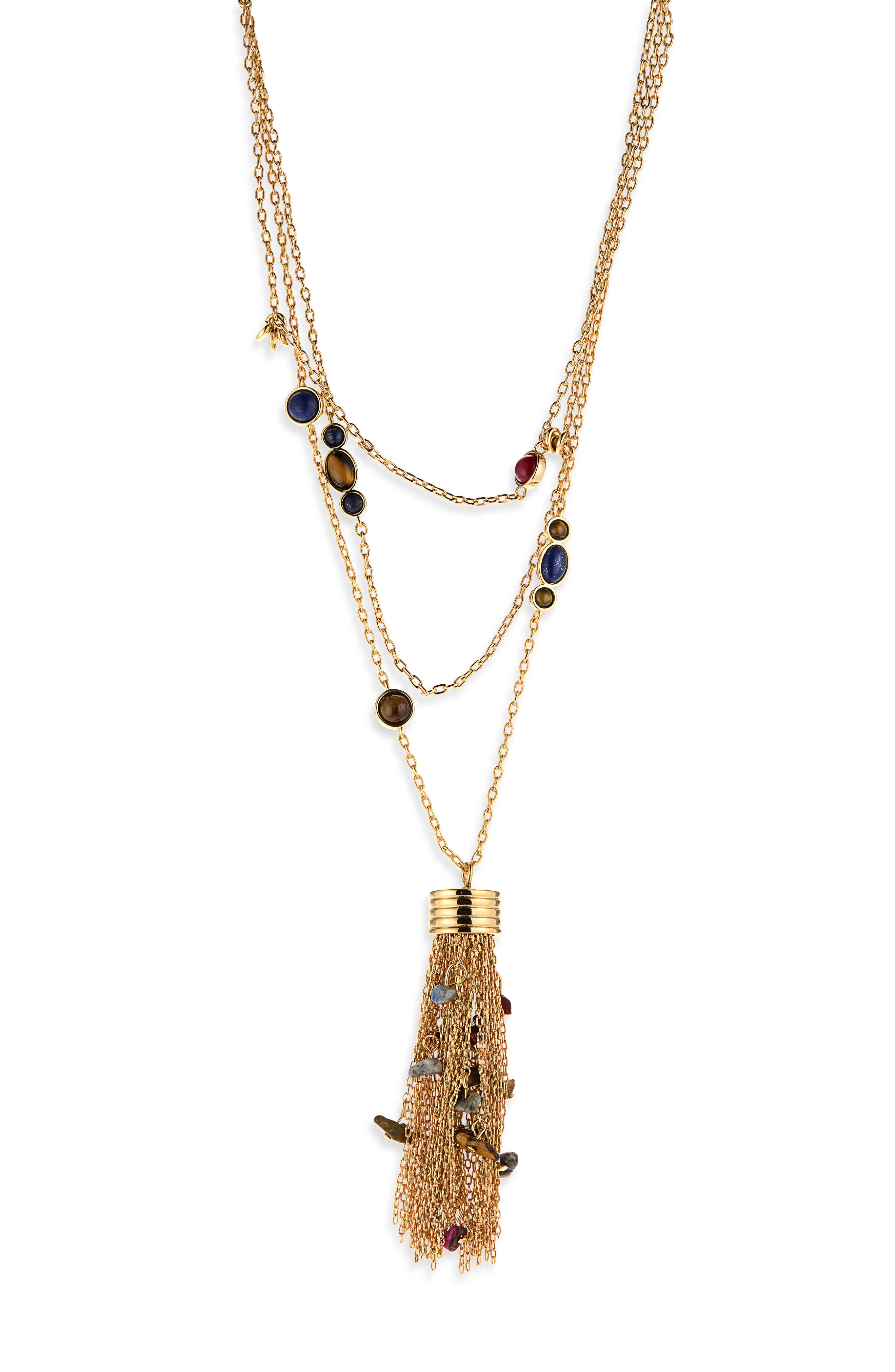 Stone Cluster Fringe Tassel Lariat Necklace