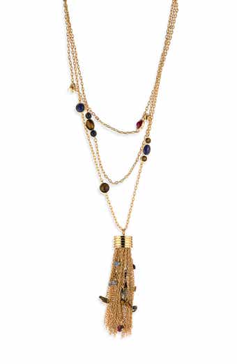 Stone Cluster Fringe Tassel Lariat Necklace