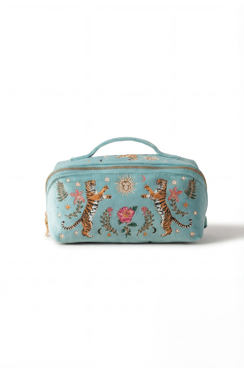 Elizabeth Scarlett Celestial Tiger Open Flat Velvet Makeup Bag, Main, color, Dusky Teal