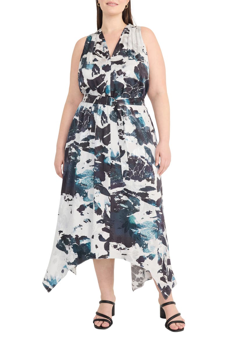 Handkerchief Hem Midi Dress, Main, color, BLACK GREY
