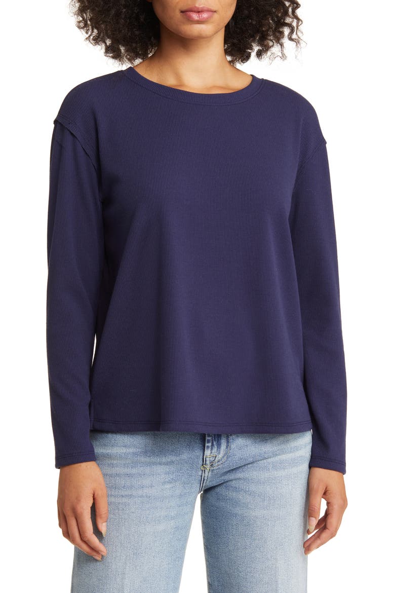 Pleat Black Long Sleeve Rib Top, Main, color, NAVY PEACOAT