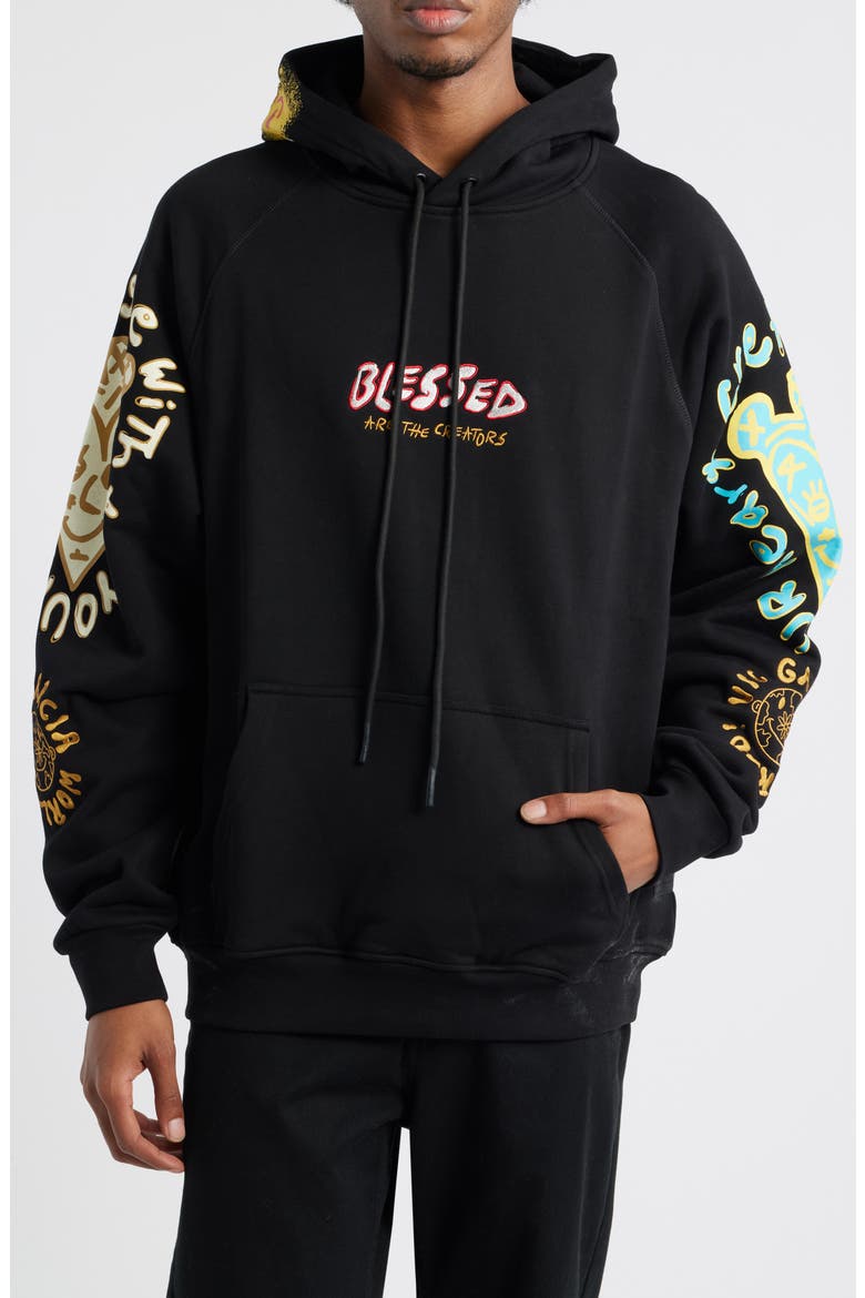 Blessed Emroidered Cotton Pullover Hoodie, Main, color, BLACK