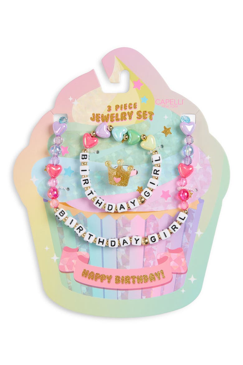 Kids' 3-Piece Birthday Girl Ring, Bracelet & Necklace Set, Main, color, PINK MULTI