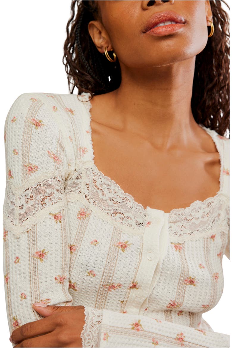 Let's Party Floral Lace Trim Cotton Waffle Knit Button-Up Top, Alternate, color, TEA COMBO