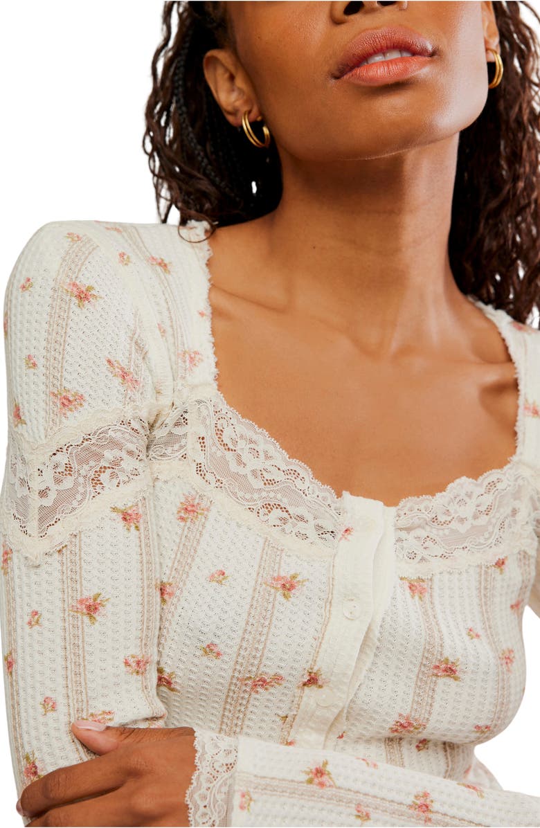 Free People Let's Party Floral Lace Trim Cotton Waffle Knit Button-Up Top, Alternate, color, Tea Combo