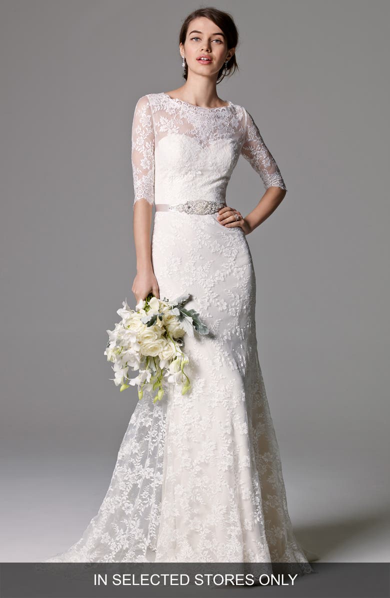 Watters Riviera Illusion Bodice Lace Gown, Alternate, color,