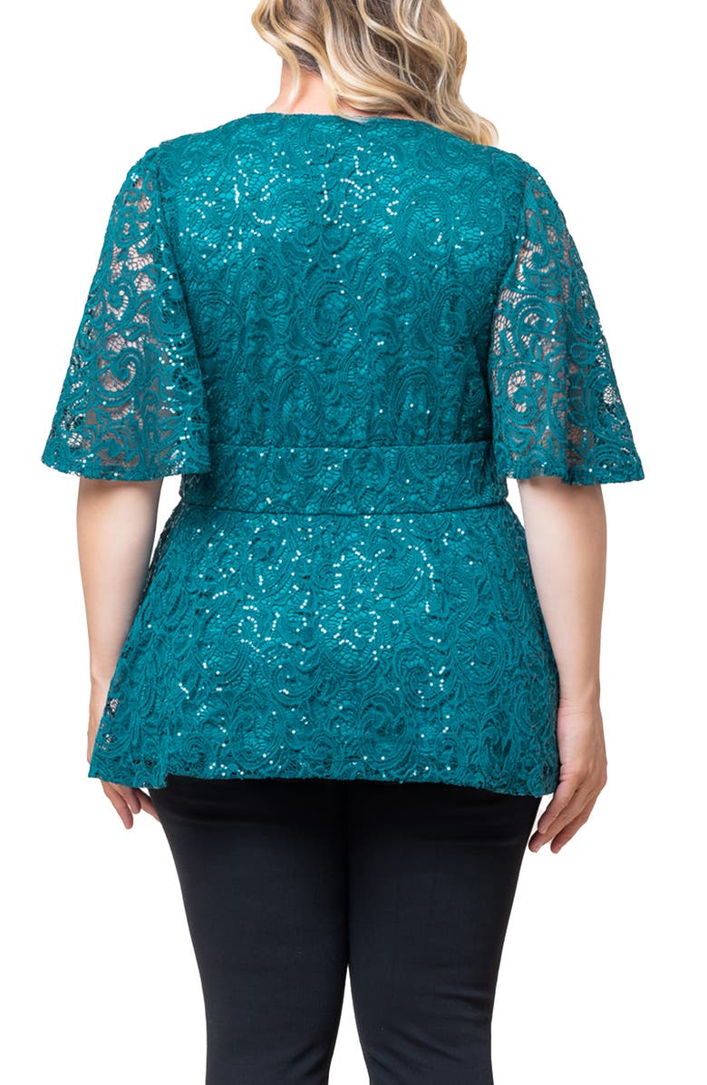 Kiyonna Stardust Sequin Lace Peplum Top, Alternate, color, Teal Topaz