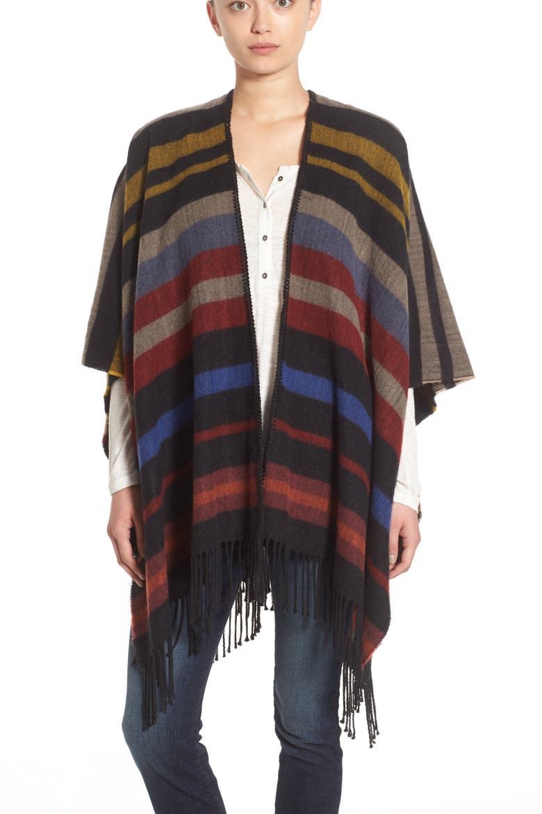 Treasure&Bond Fringed Stripe Poncho, Alternate, color, BLACK COMBO