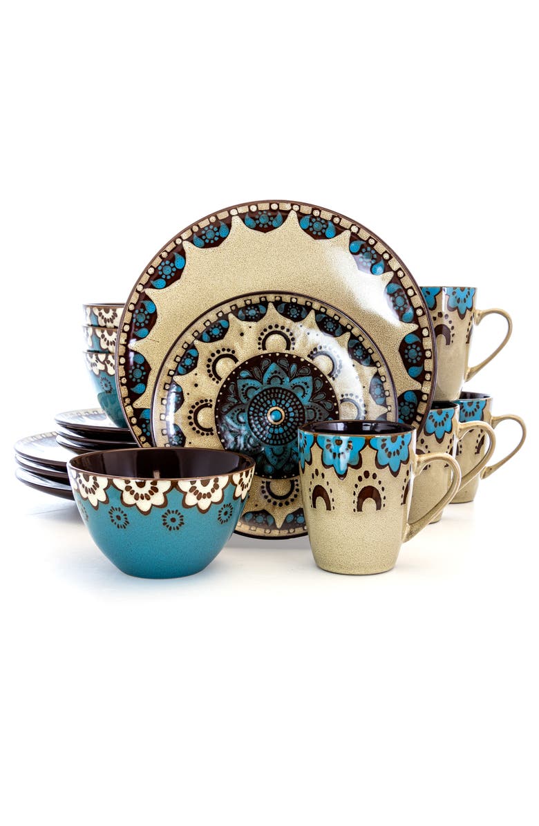 Elama Clay Heart 16 Piece Luxurious Stoneware Dinnerware with Complete Setting for 4, 16pc, Main, color, Blue