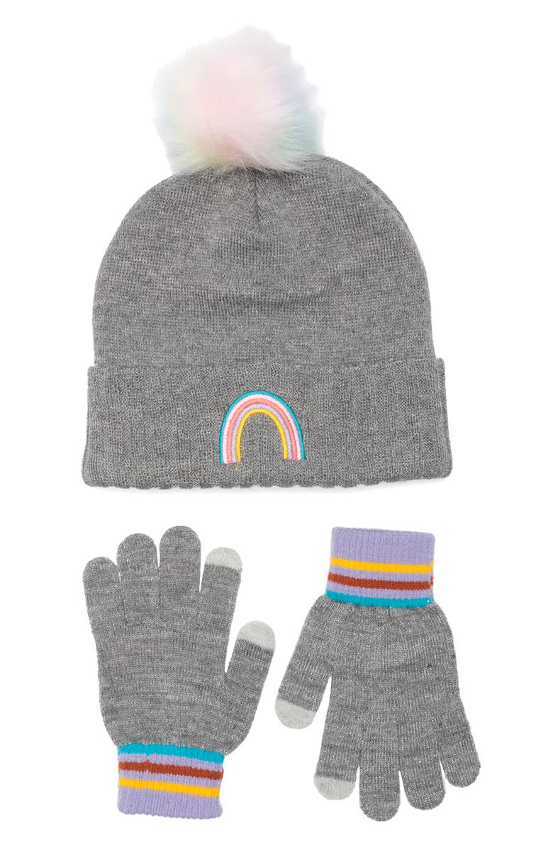 Andy & Evan Kids' Faux Fur Pompom Hat & Gloves Set, Main, color, Grey Metallic
