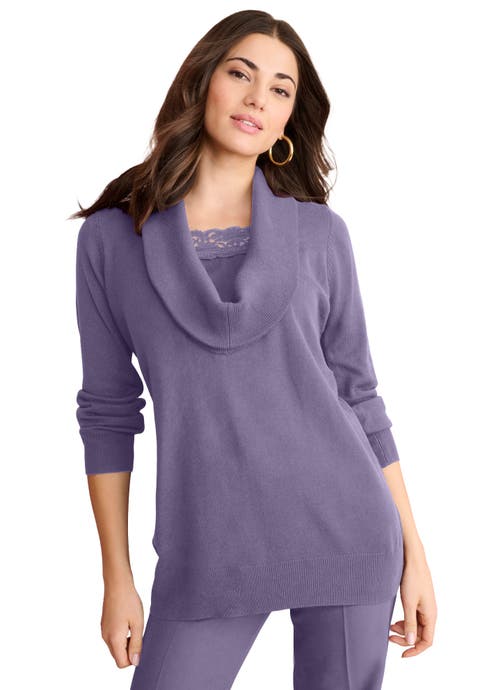 Plus Size Lightweight Cowl Neck Sweater With Lace Trim