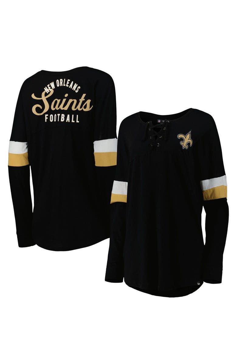 New Era Women's New Era Black New Orleans Saints Athletic Varsity Lightweight Lace-Up Long Sleeve T-Shirt, Main, color, Black