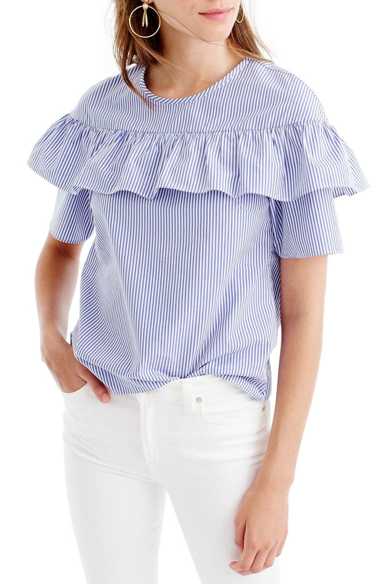 J.Crew 'Edie' Ruffle Top, Main, color, BLUE STRIPE