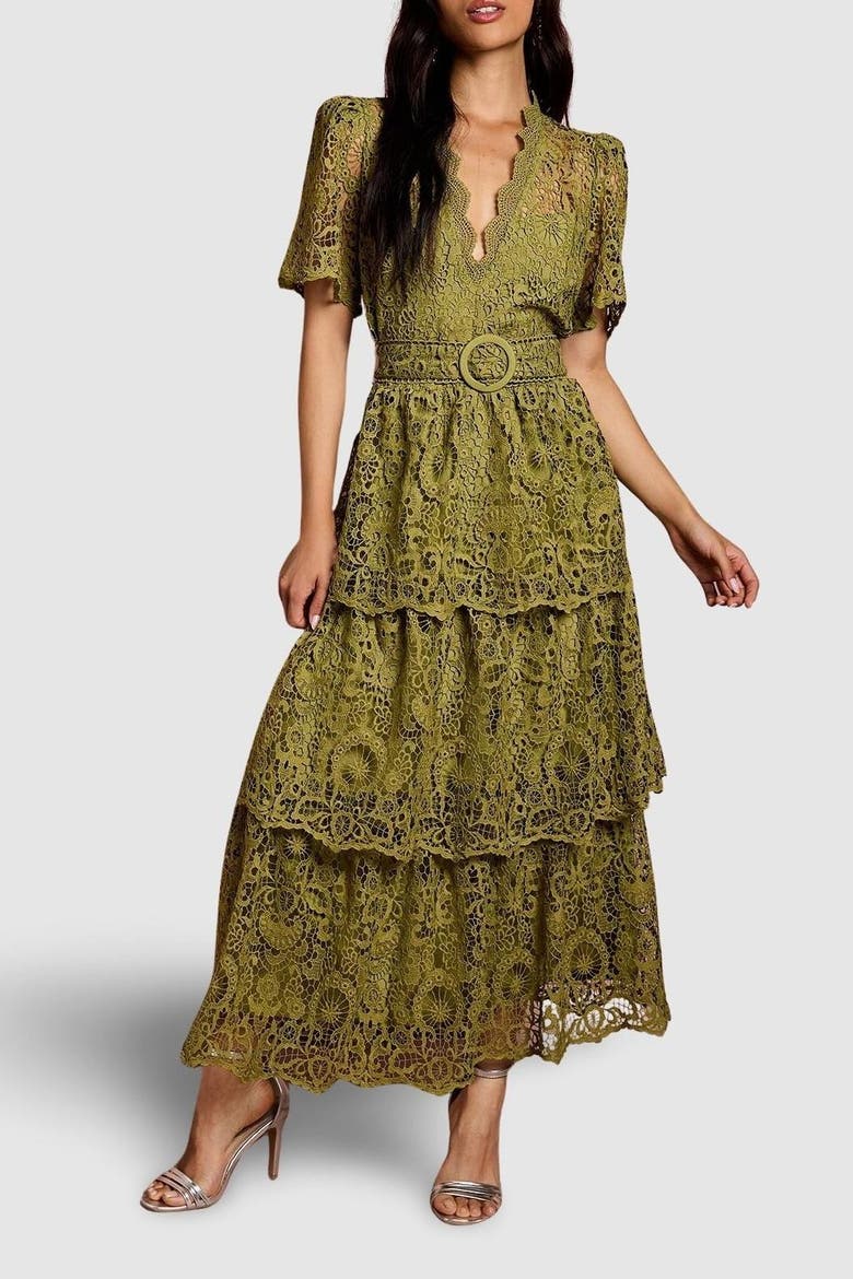 Short Sleeve Tiered Lace Midi Dress, Alternate, color, Olive