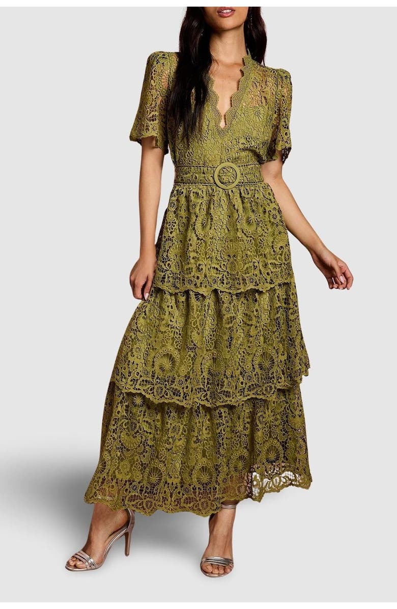 Coast Short Sleeve Tiered Lace Midi Dress, Alternate, color, Olive