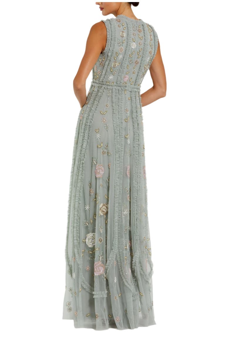 Floral Mesh Sleeveless A Line Micro Ruffle Gown, Alternate, color, Sage Multi