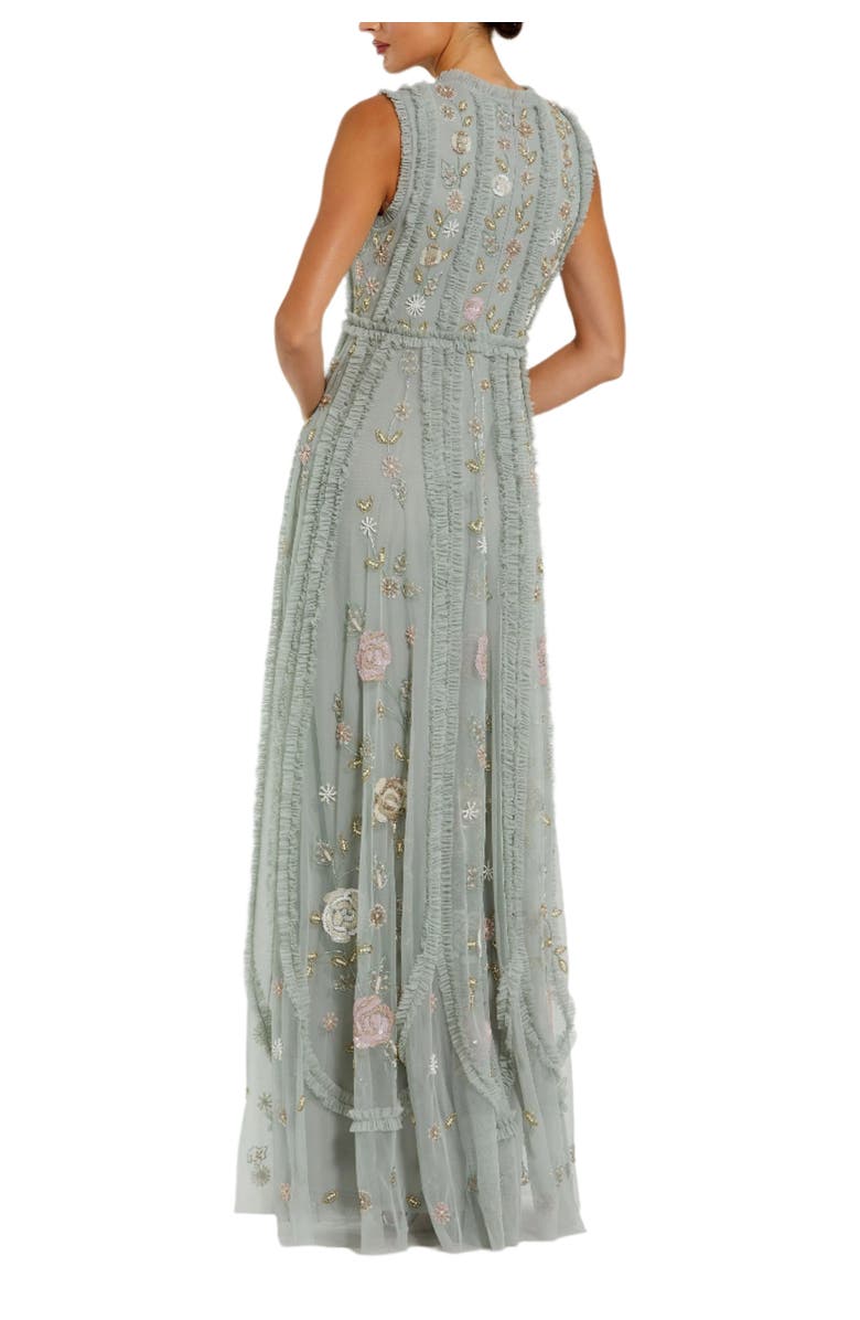 Mac Duggal Floral Mesh Sleeveless A Line Micro Ruffle Gown, Alternate, color, Sage Multi