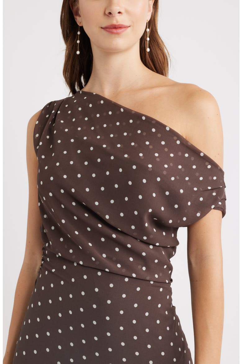 Cascading Off the Shoulder Evening Dress, Alternate, color, BROWN- IVORY CORNER DOT