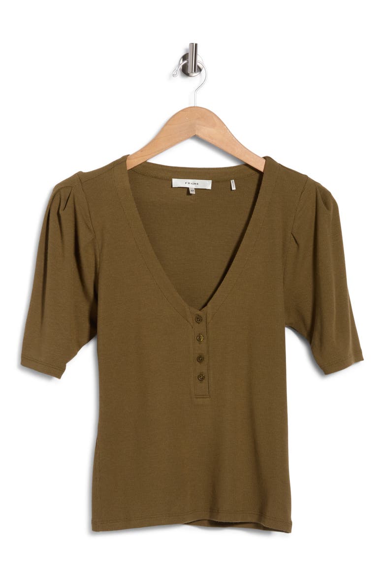 Rib Ruched Short Sleeve Henley, Main, color, DARK OLIVE