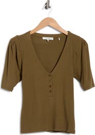 FRAME Rib Ruched Short Sleeve Henley