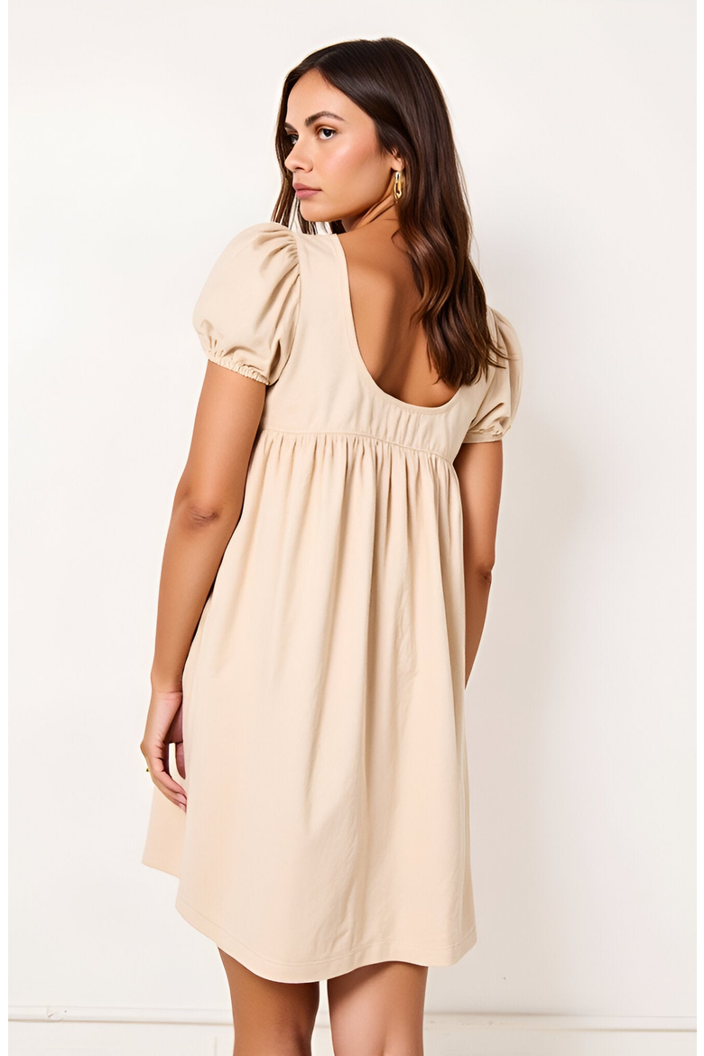 Puff Sleeve Mini Dress with Bow Detail, Alternate, color, Beige