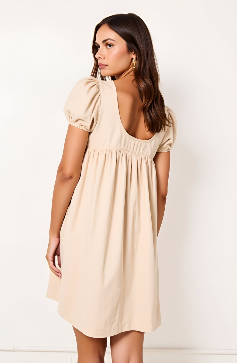 Modenaire Puff Sleeve Mini Dress with Bow Detail, Alternate, color, Beige