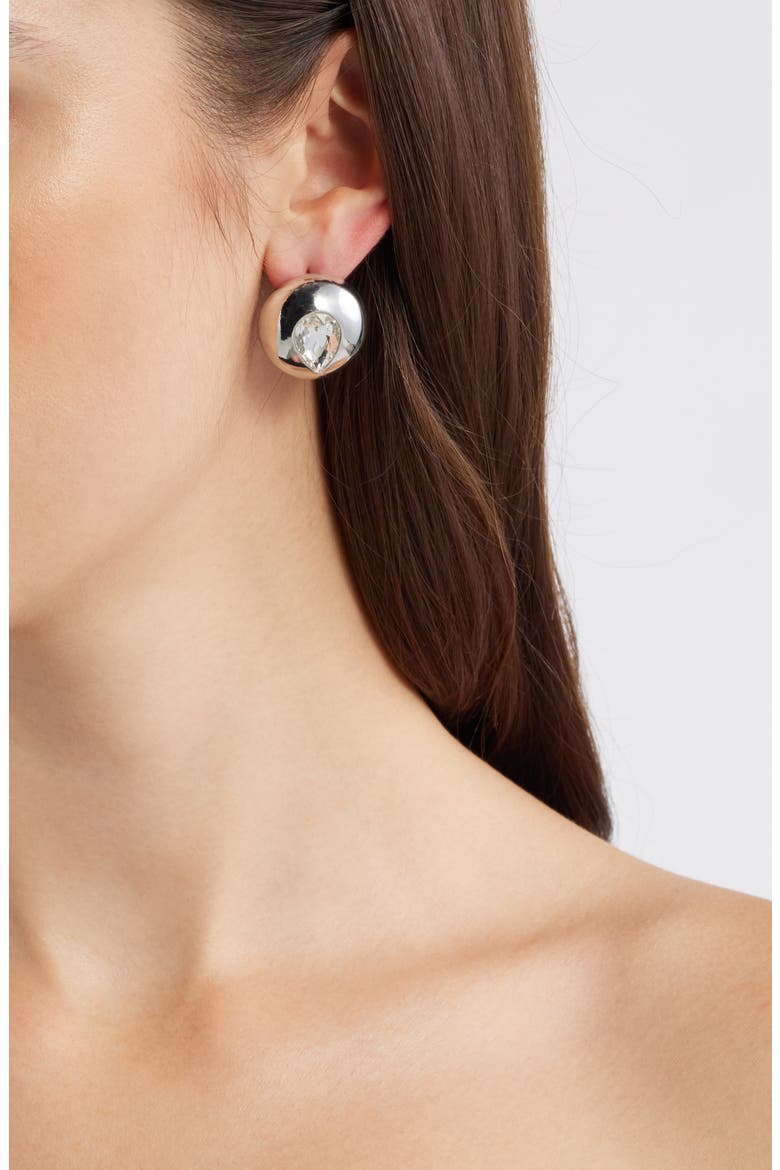 Crystal Teardrop Puffy Button Earrings, Alternate, color, CLEAR- RHODIUM