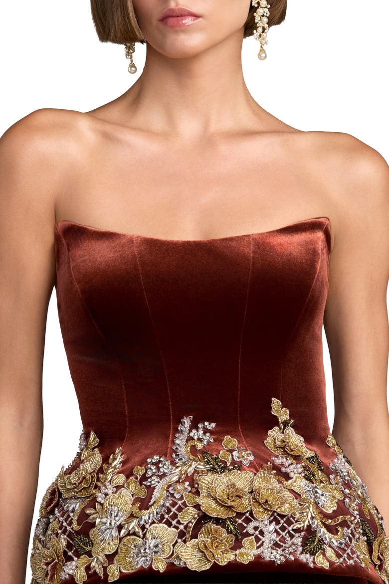 Embellished Velvet Peplum Strapless Gown, Alternate, color, Cognac