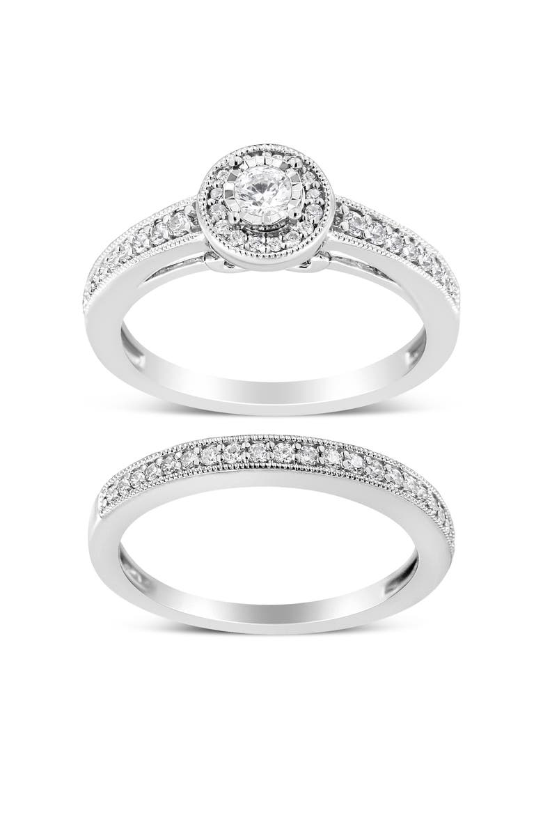 Silver 1/2 Ctw Diamond Halo & Milgrain Engagement Ring Bridal Set, Main, color, Silver