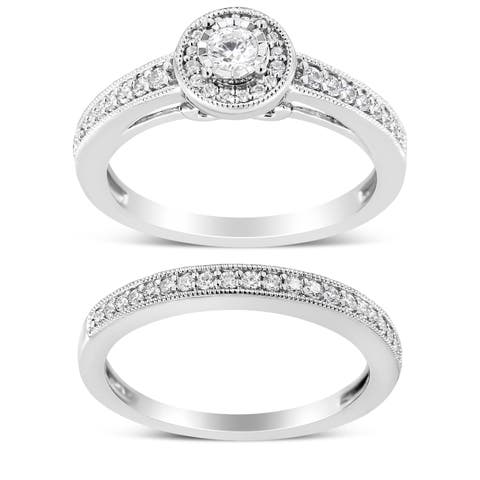 Silver 1/2Ctw Diamond Halo & Milgrain Engagement Ring Bridal Set