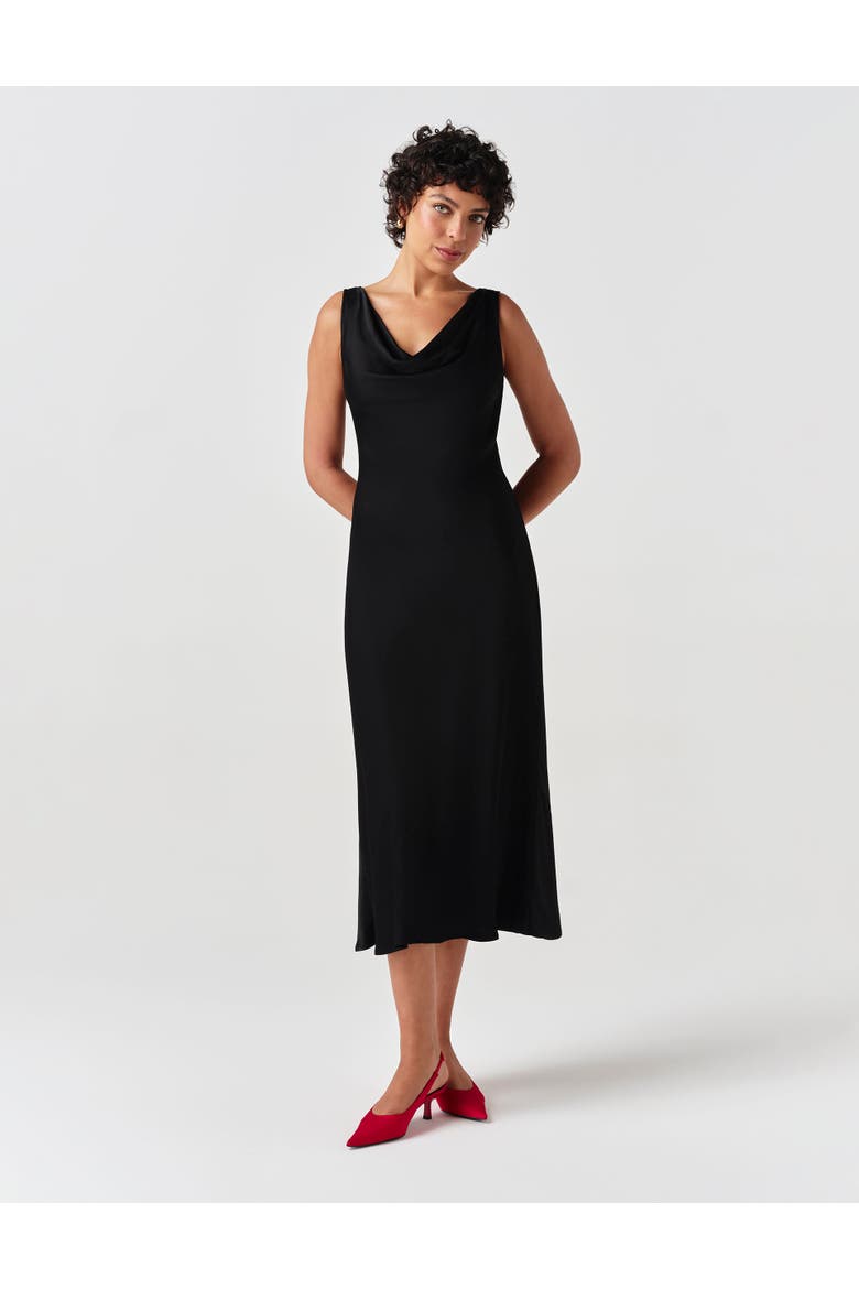 Arya Cowl Neck Satin Midi Dress, Main, color, Black