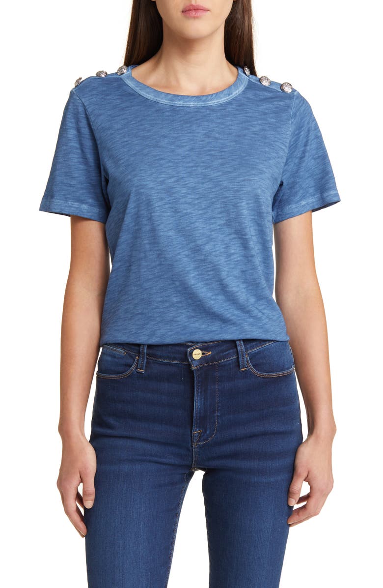 Veronica Beard Carla Scoop Neck Button Detail Cotton T-Shirt, Main, color, Lagoon Blue