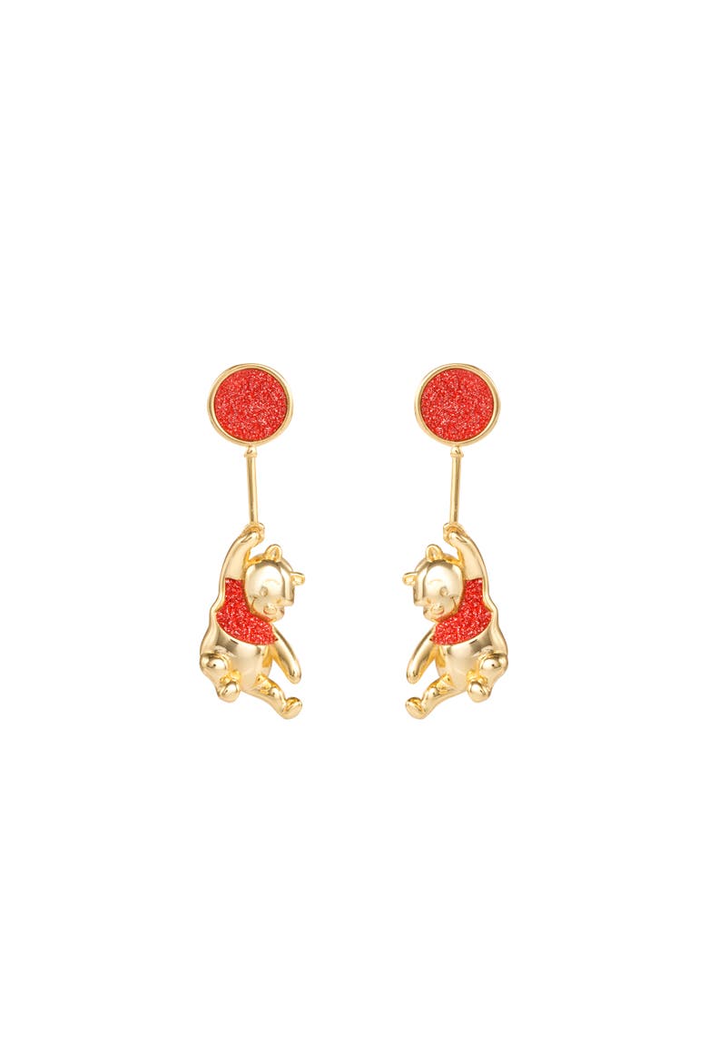Winnie the Pooh Gold Plated Balloon Swinging Earrings, Main, color, gold, red