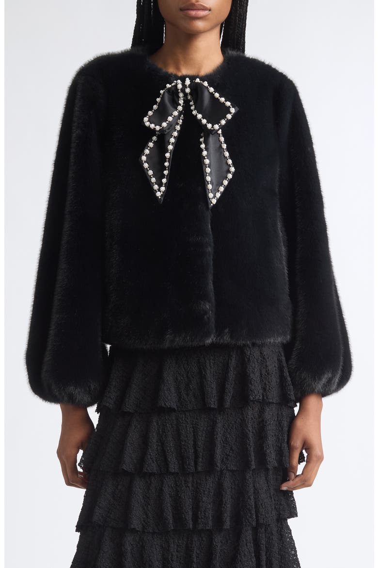 Benson Satin Bow Faux Fur Coat, Main, color, BLACK/ BLACK