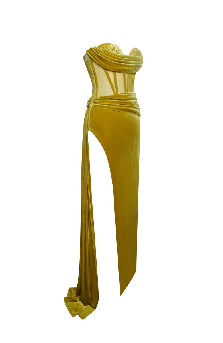 Miss Circle Octavia Draping Crystal Corset High Slit Velvet Gown, Alternate, color, Gold