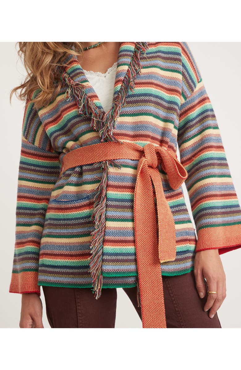 Marine Layer Alamere Fringe Tie Waist Organic Cotton Blend Cardigan, Alternate, color, Multi Stripe