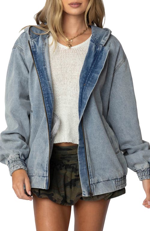 Shop Edikted Front Zip Denim Hooded Jacket In Light-blue